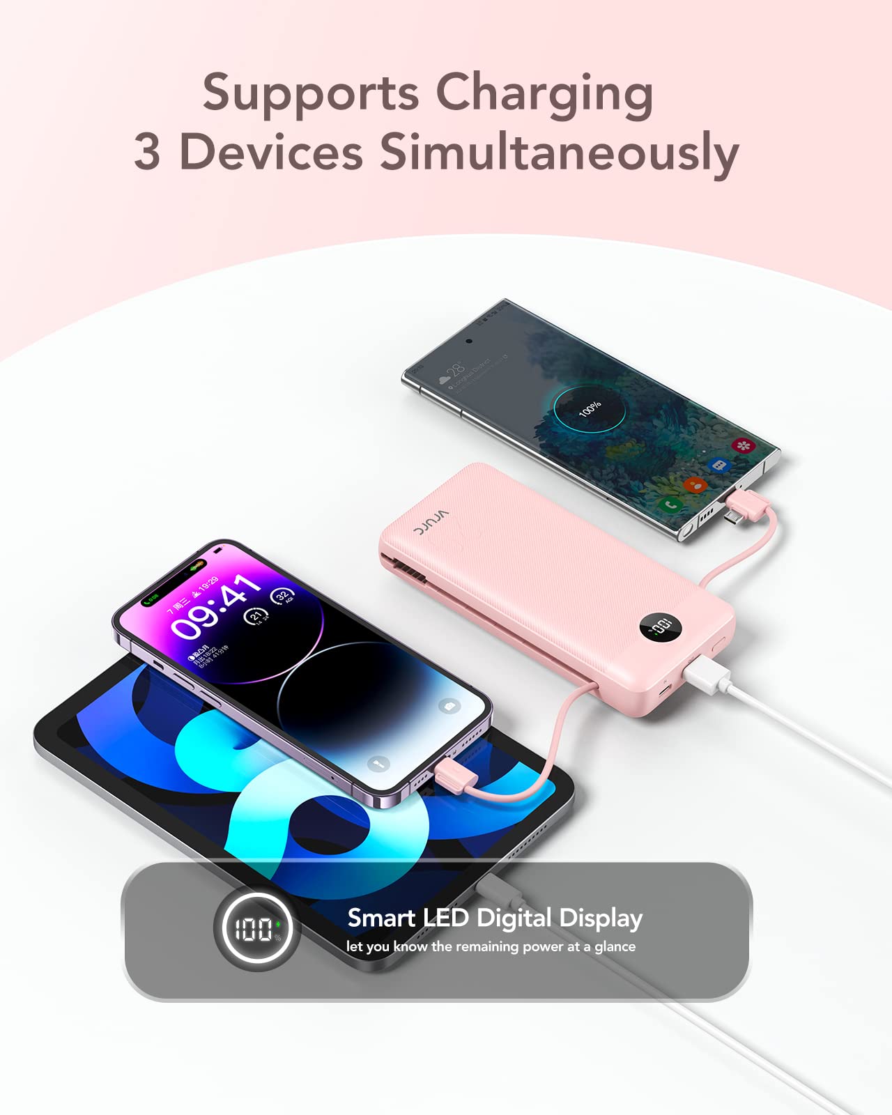 20000mAh Fast Charging Power Bank with Built-In Wall Plug & Cables – 22.5W QC Portable Charger (Pink)