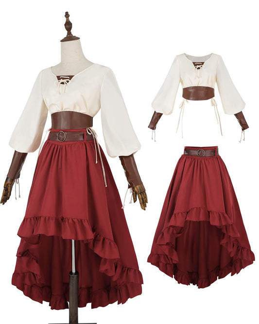 Red Renaissance Pirate Costume Set – 2-Piece Medieval Skirt & Blouse Outfit with Corset and PU Belt