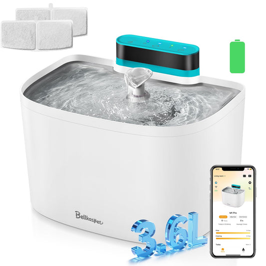 Bellkaspet M1 Pro Smart Wireless Cat Water Fountain with App Monitoring, Motion Sensor & 10,000mAh Battery – Stainless Steel, White