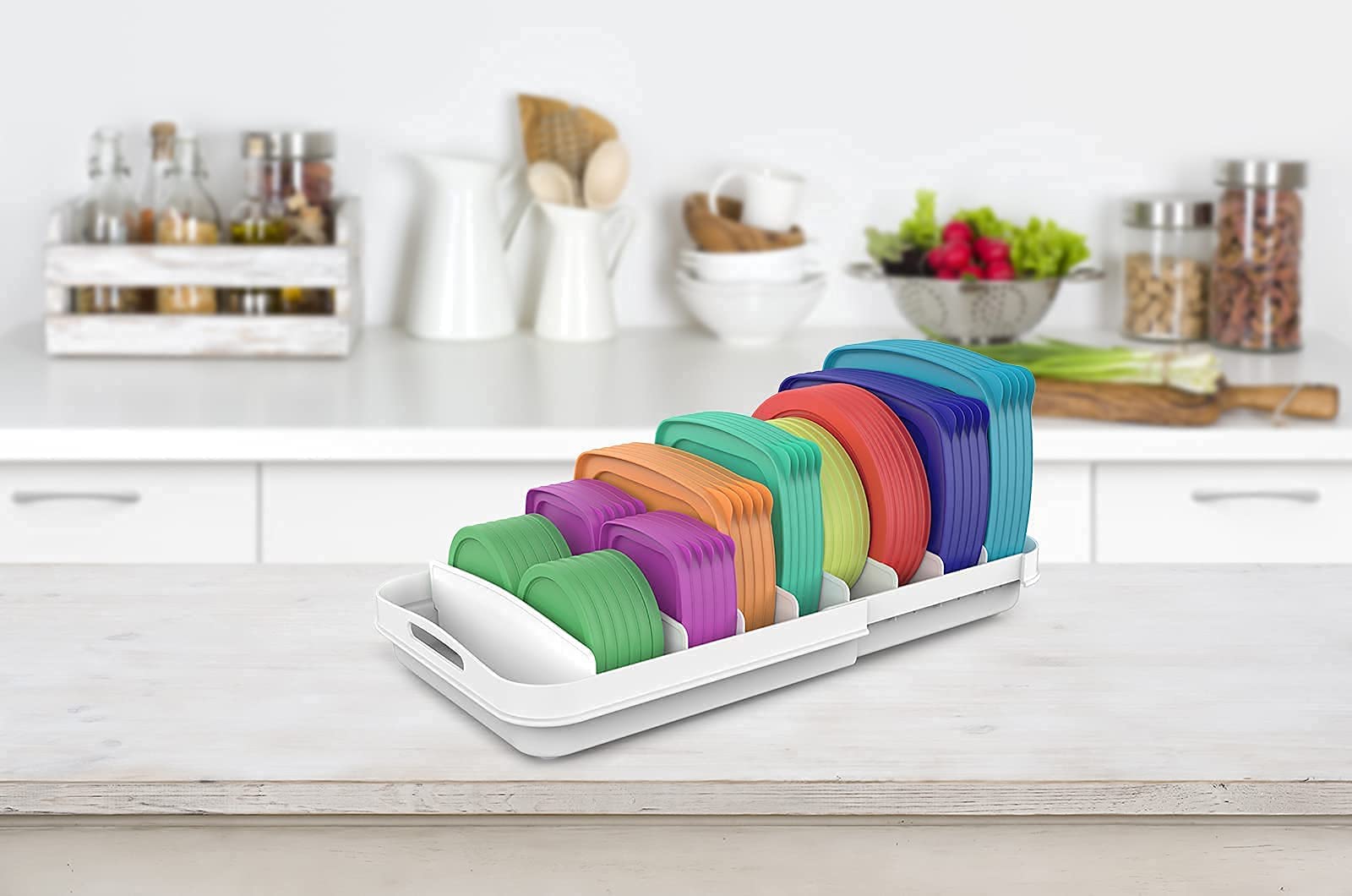 EVERIE Extendable Food Container Lid Organizer – Adjustable Cabinet & Drawer Storage with Removable Dividers (White)