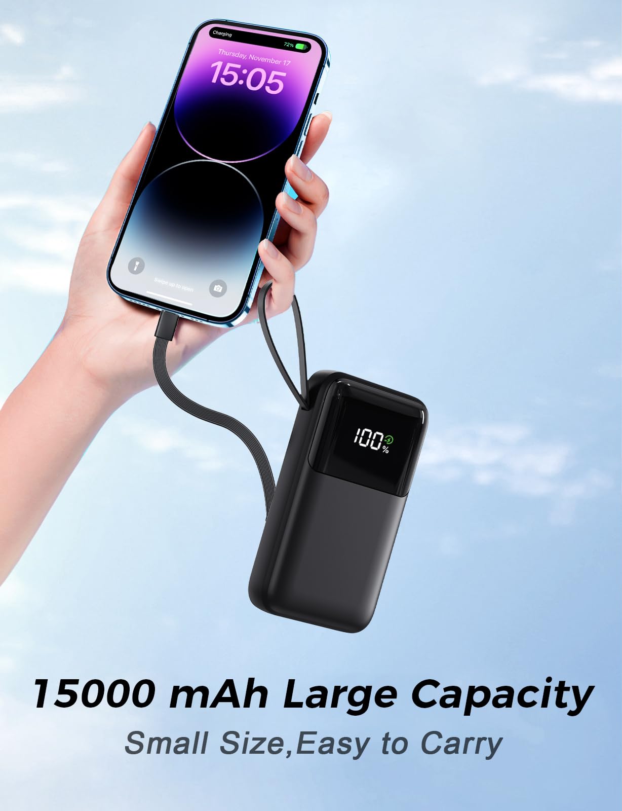 22.5W Fast Charging Power Bank with Built-in Cables – Portable Charger with LED Display for iPhone, Samsung, Tablets & Travel Devices (Black)