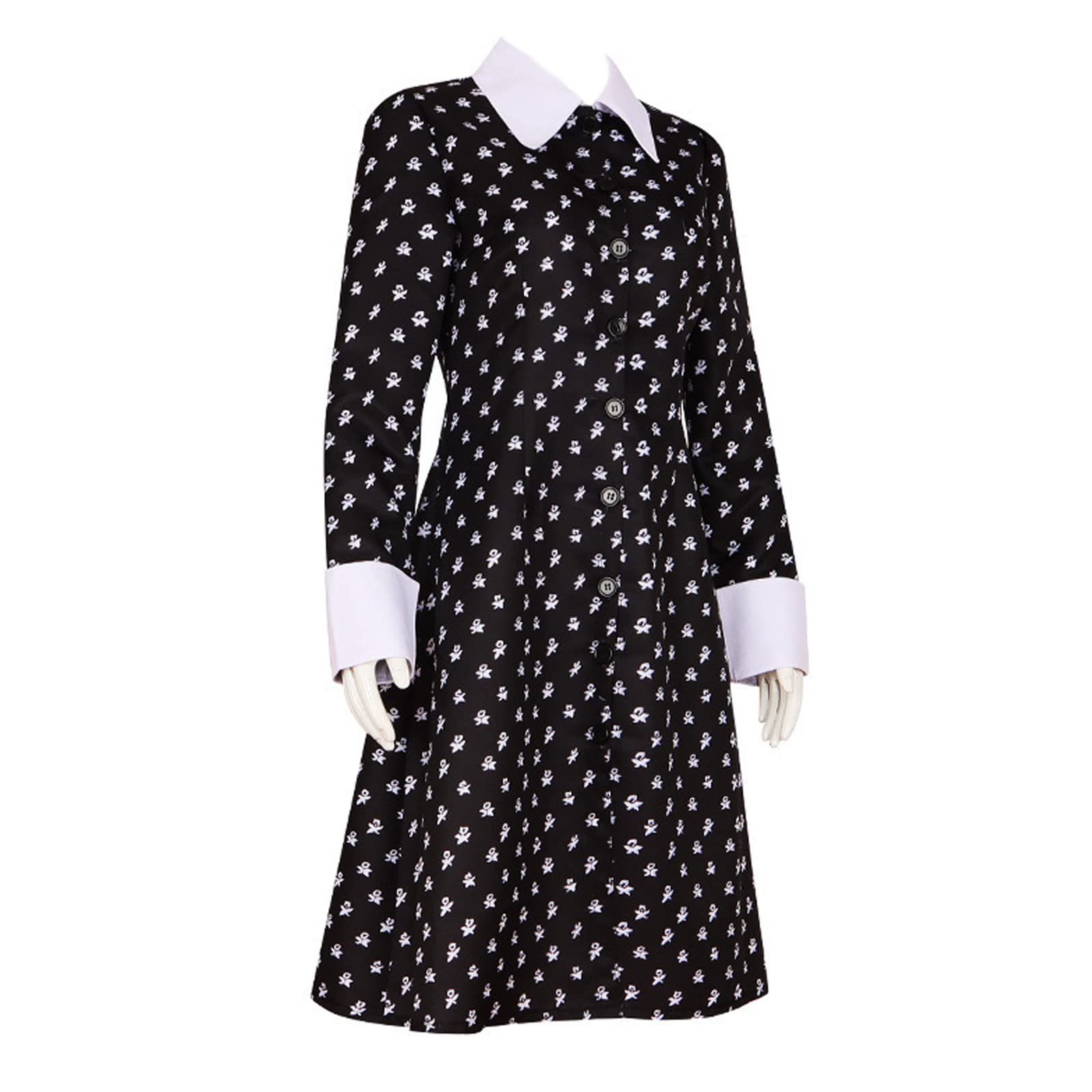 Women’s Black Lapel Dress with White Floral Print – Vintage Gothic Style for Halloween & Daily Wear
