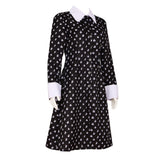 Women’s Black Lapel Dress with White Floral Print – Vintage Gothic Style for Halloween & Daily Wear