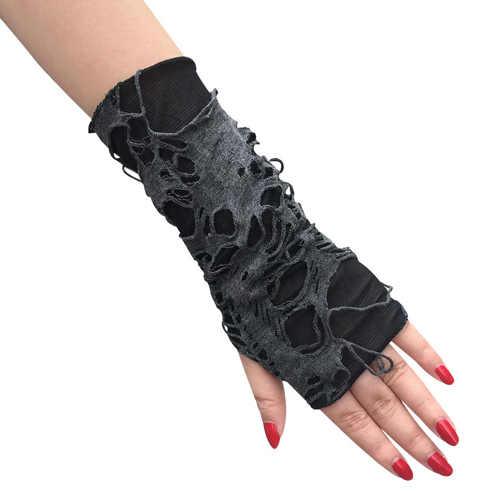 Black Short Fingerless Gothic Gloves – Ripped Punk Arm Warmers for Halloween & Streetwear Style 🖤