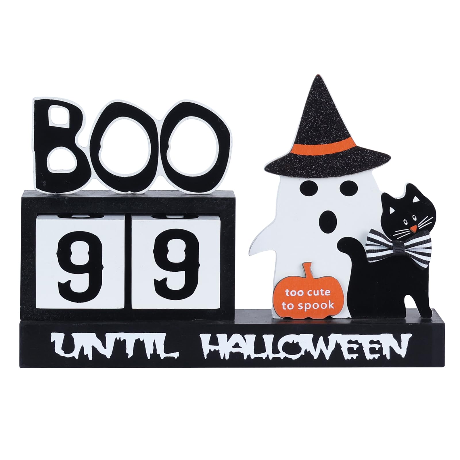 Halloween Countdown Wooden Block Decor – 99 Days to Halloween with Ghost, Cat & Pumpkin Ornaments