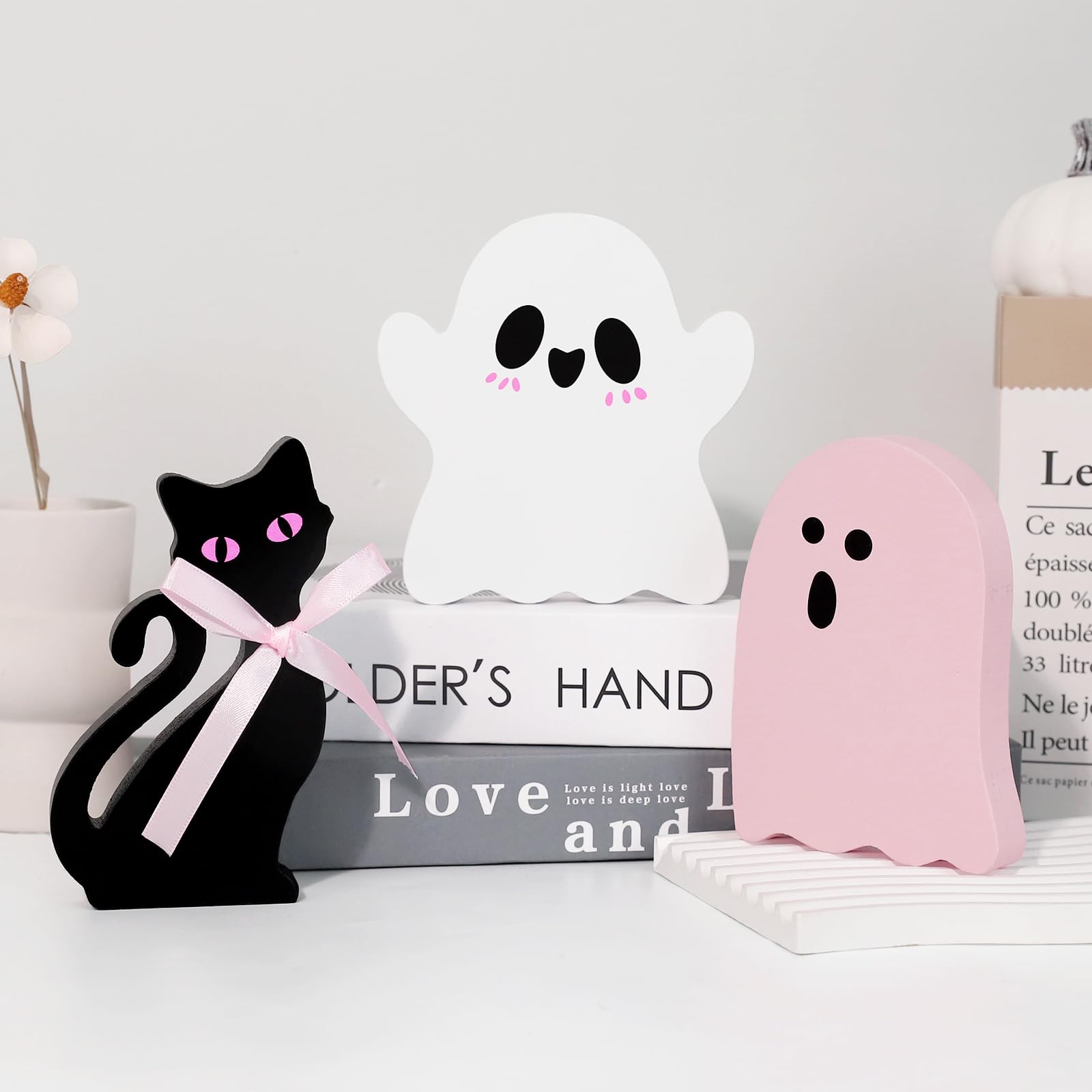Pink Halloween Wooden Decor Set – 3-Piece Ghost & Cat Wooden Signs for Cute Tiered Tray or Tabletop Display