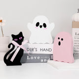 Pink Halloween Wooden Decor Set – 3-Piece Ghost & Cat Wooden Signs for Cute Tiered Tray or Tabletop Display
