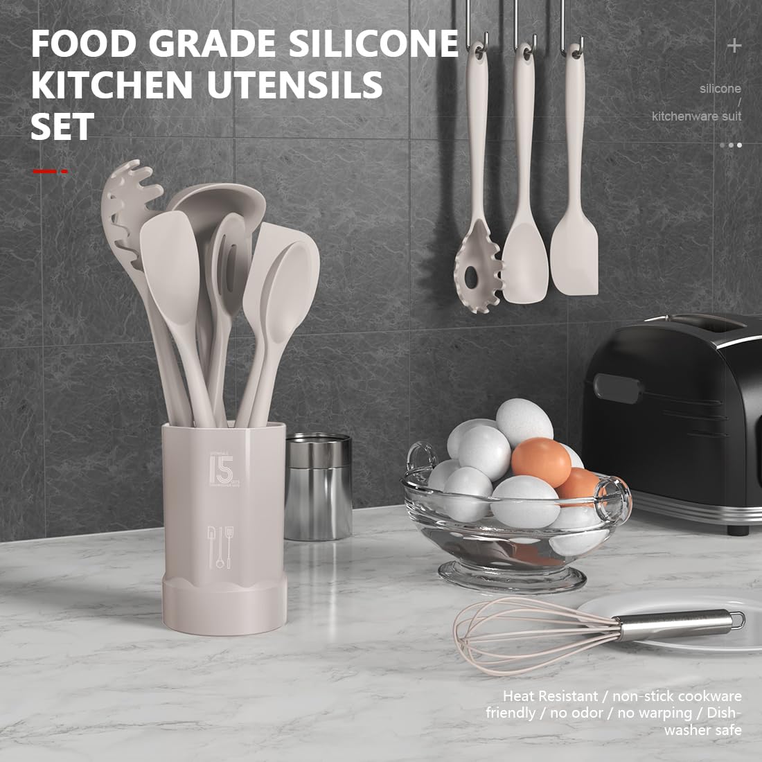 15-Piece Food-Grade Silicone Kitchen Utensil Set with Holder – Heat Resistant, Non-Stick Safe (Khaki)