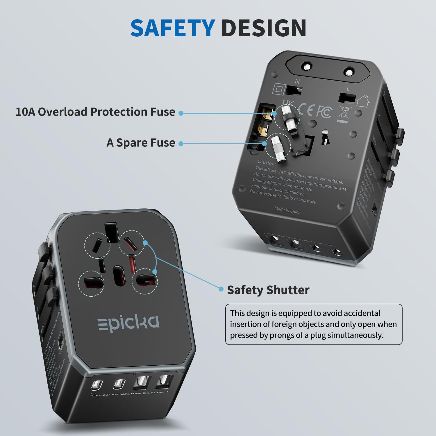 EPICKA Universal Travel Adapter – Worldwide Plug Adapter with 3 USB-C & 2 USB-A Ports (Black)