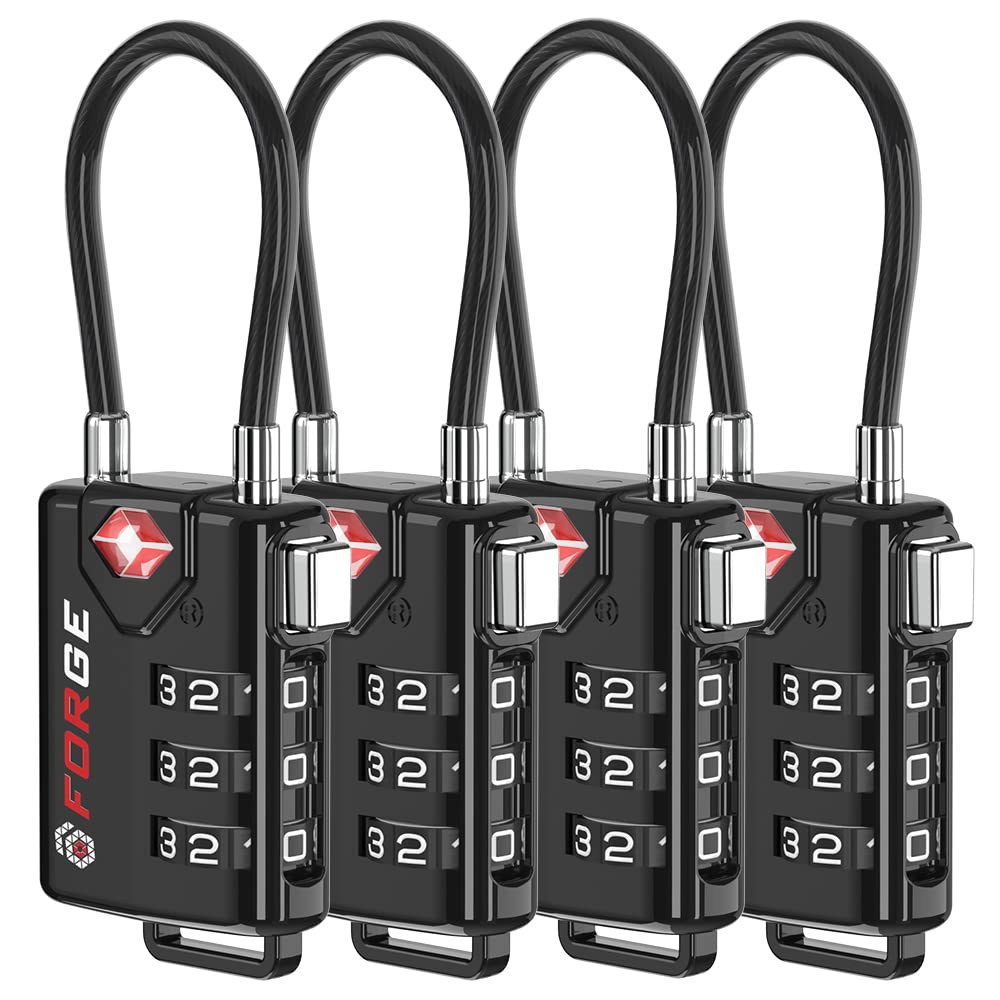 Forge TSA Approved Cable Luggage Locks 4 Pack, Durable 3 Digit Combination Travel Locks for Suitcases, Backpacks & Gym Bags