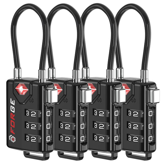 Forge TSA Approved Cable Luggage Locks 4 Pack, Durable 3 Digit Combination Travel Locks for Suitcases, Backpacks & Gym Bags