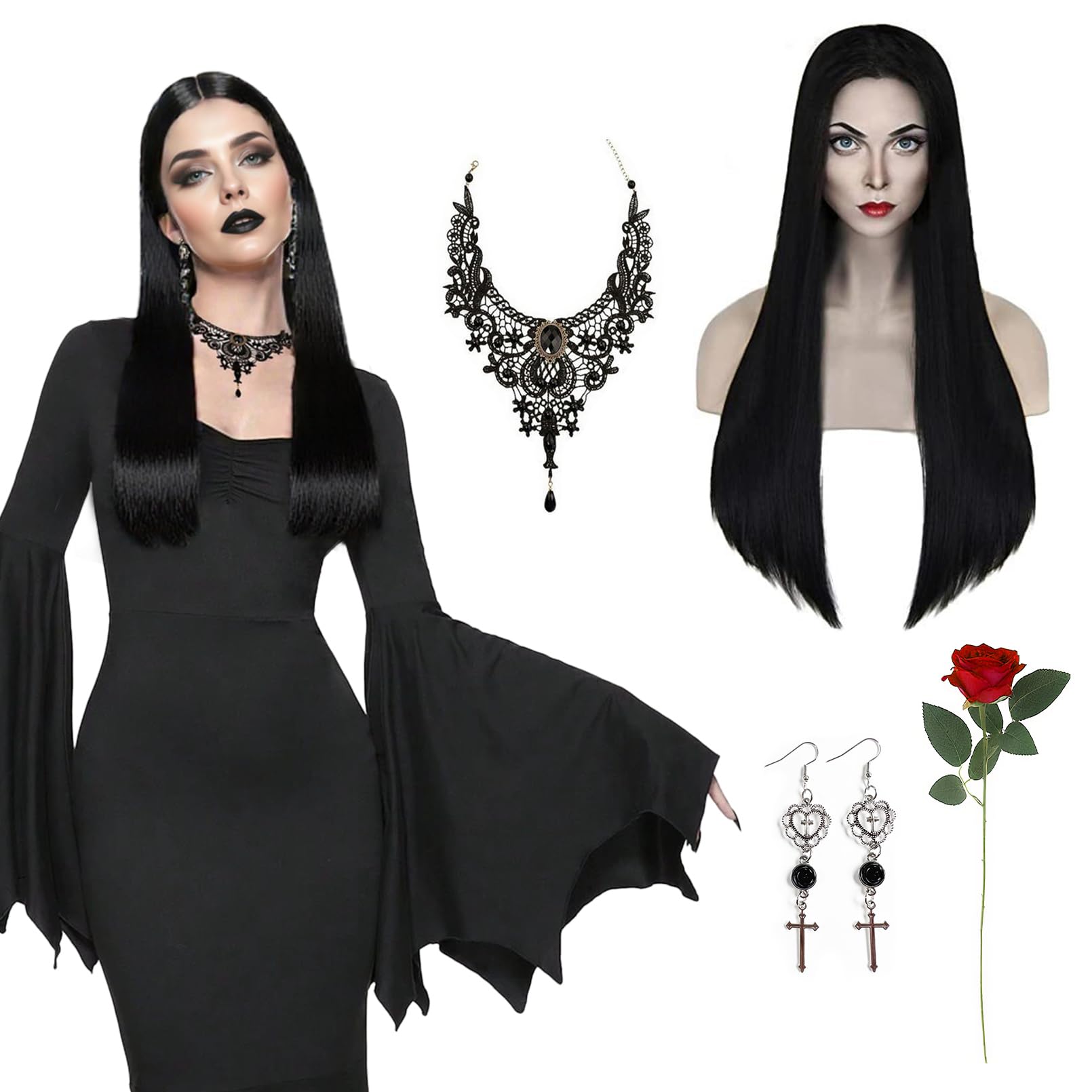 Gothic Halloween Wig & Accessories Set – Long Black Braided Wig with Necklace, Earrings & Red Rose