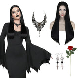 Gothic Halloween Wig & Accessories Set – Long Black Braided Wig with Necklace, Earrings & Red Rose