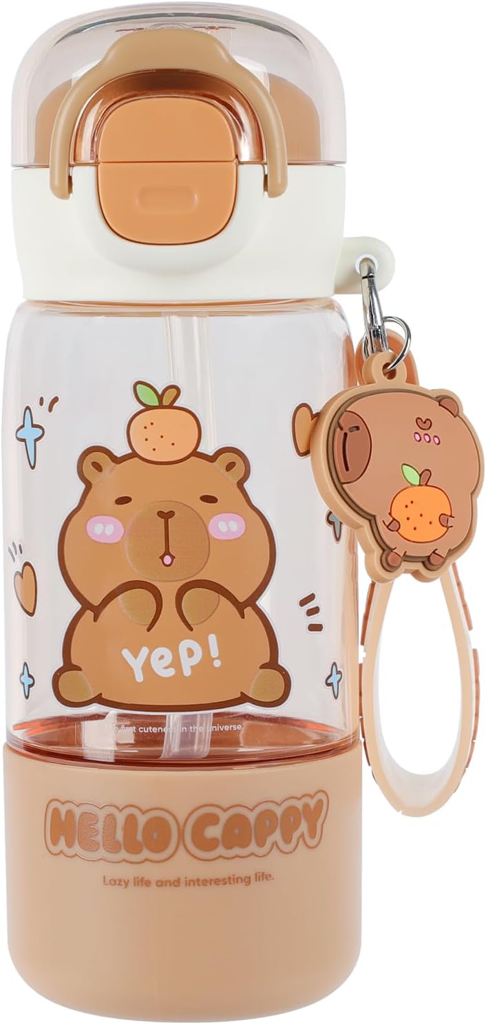 18 oz Kids Capybara Water Bottle with Straw, Direct-Sip Lid, Safety Lock and Keychain