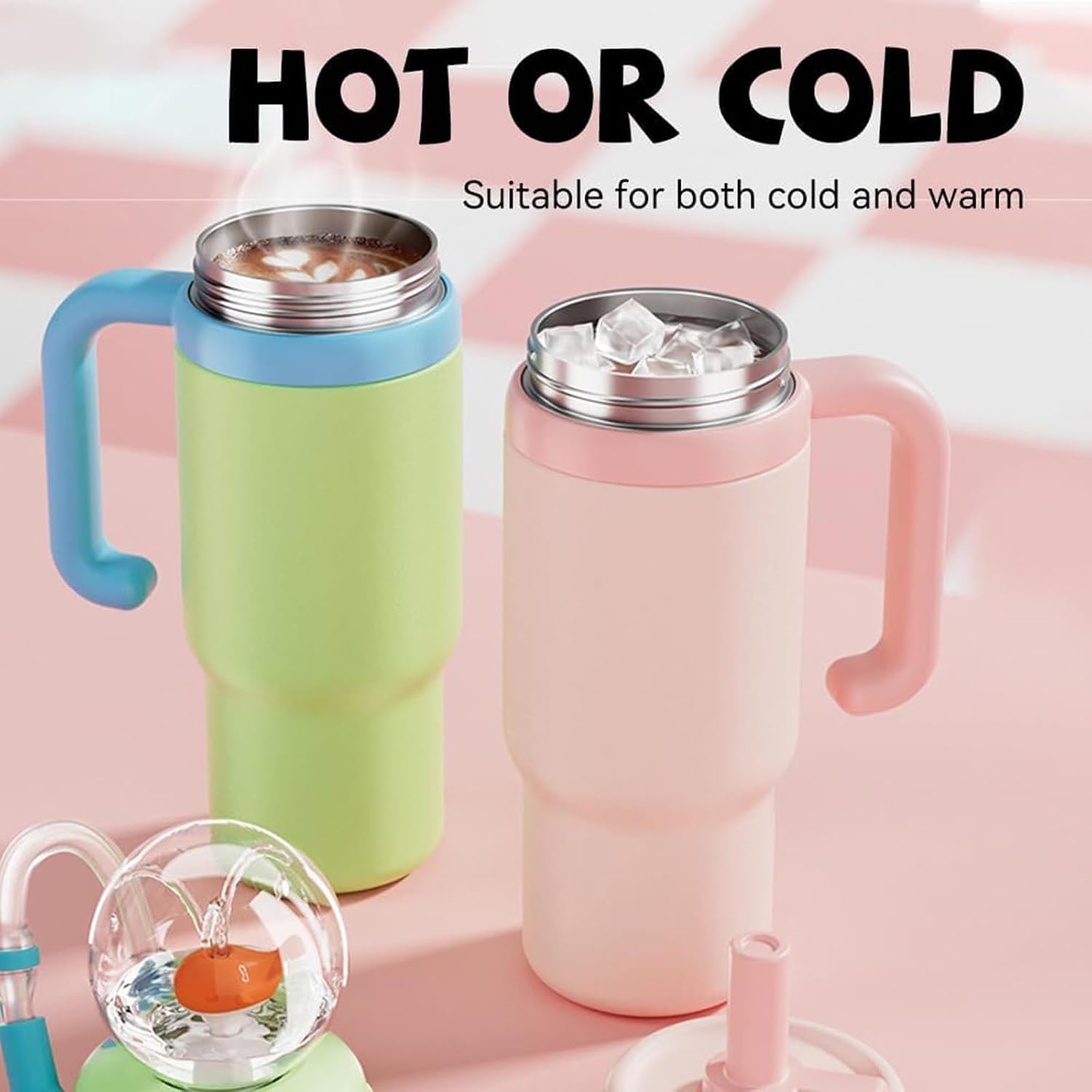 24 oz Insulated Whale Water Bottle with Two Soft Silicone Straws, Leakproof Lid and Handle