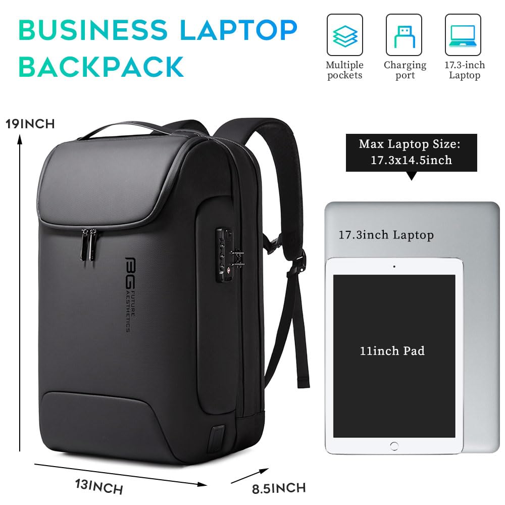 BANGE Anti-Theft Business Laptop Backpack – Waterproof Travel Backpack with USB 3.0 Fast Charging, Fits 17.3” Notebooks (Black)