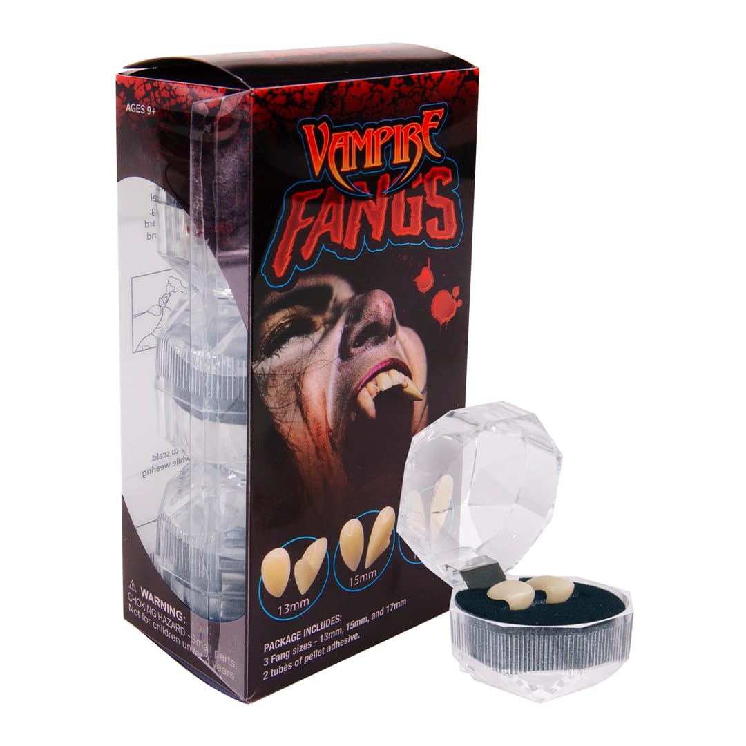 Retractable Vampire Fangs Set – 3 Sizes (13mm, 15mm, 17mm) Non-Toxic Reusable Teeth for Adults & Kids
