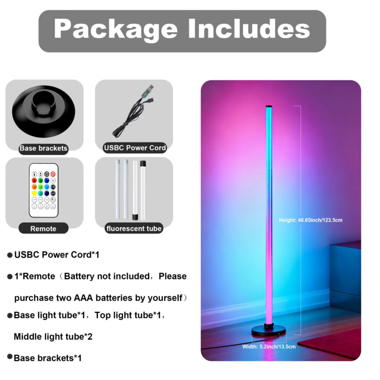 LotusLamp RGB IC Corner Floor Lamp – App & Remote Controlled Dimmable LED Light (White + Black, 48.6” Tall)
