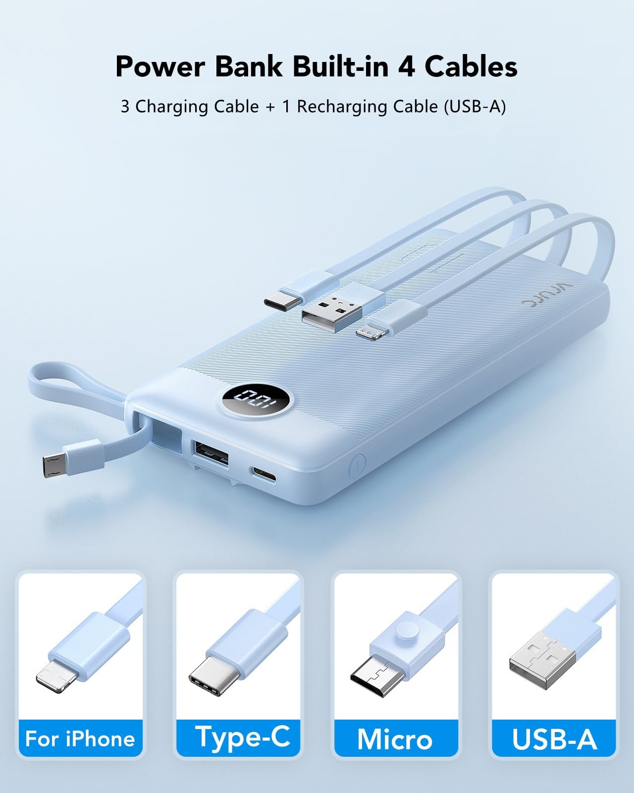 10000mAh Portable Power Bank with Built-in Charging Cables & LED Battery Indicator – Multi Device Travel Charger Blue