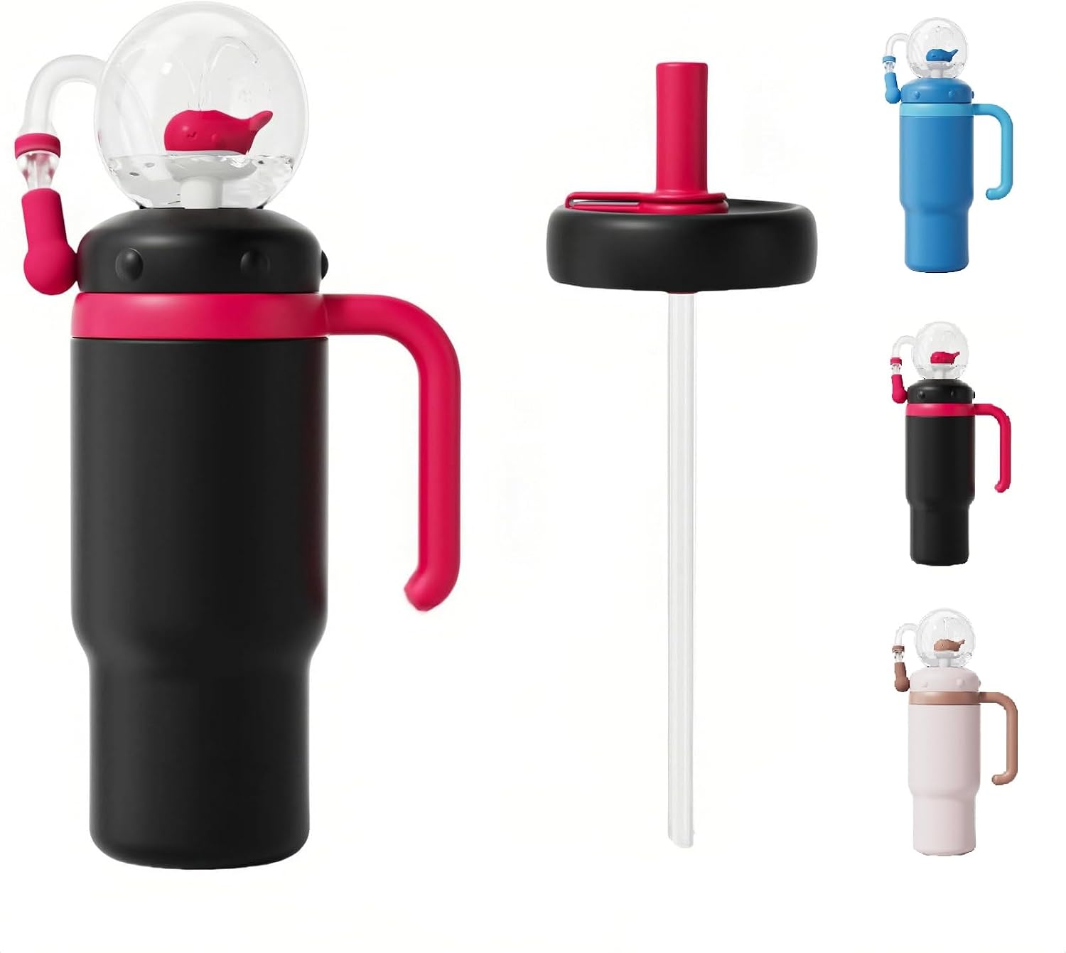 24 oz Insulated Whale Water Bottle with Two Soft Silicone Straws, Leakproof Lid and Handle