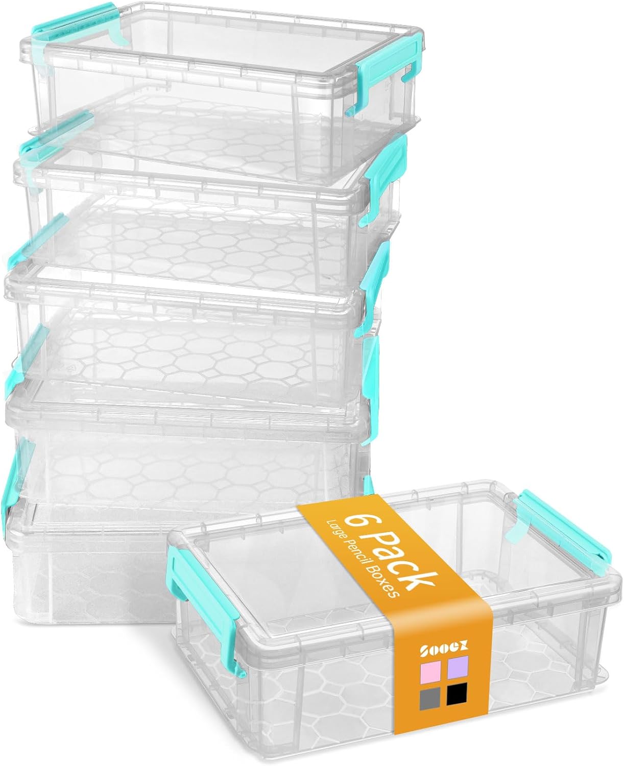 Sooez 6 Pack Extra Large Pencil Box, Plastic Hard Pencil Case Crayon Box Bulk, Clear Marker Organizer Plastic Containers with Lid, Stackable Storage Boxes for Art Craft, Back to School Supplies, Multi
