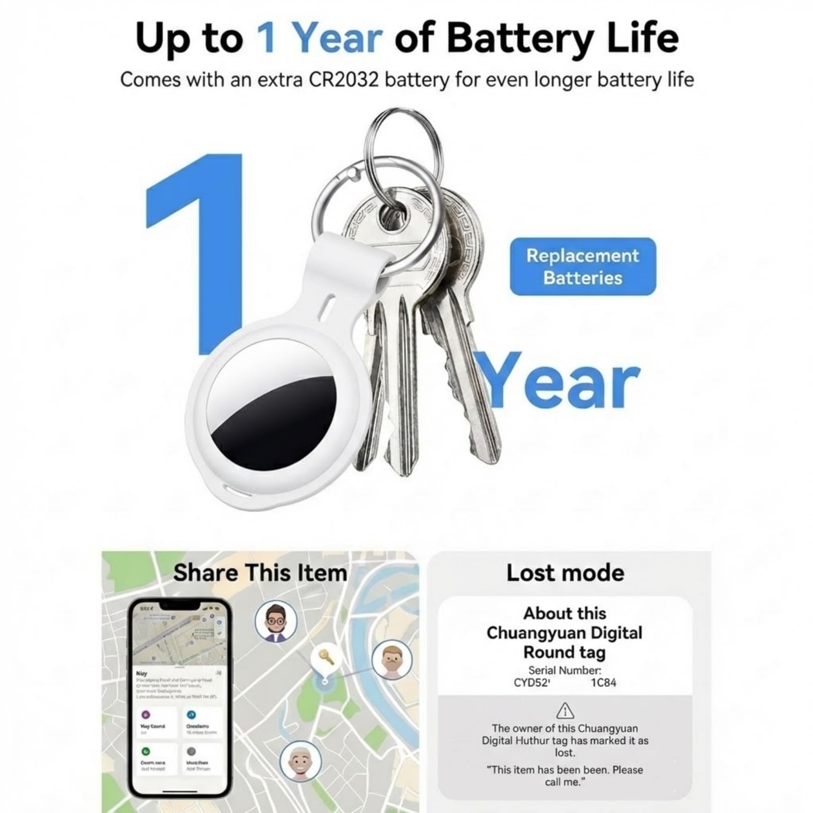 Smart Bluetooth Item Tracker 2-Pack for Apple Find My Network – No Subscription Key & Pet Locator Tags (Black + White)
