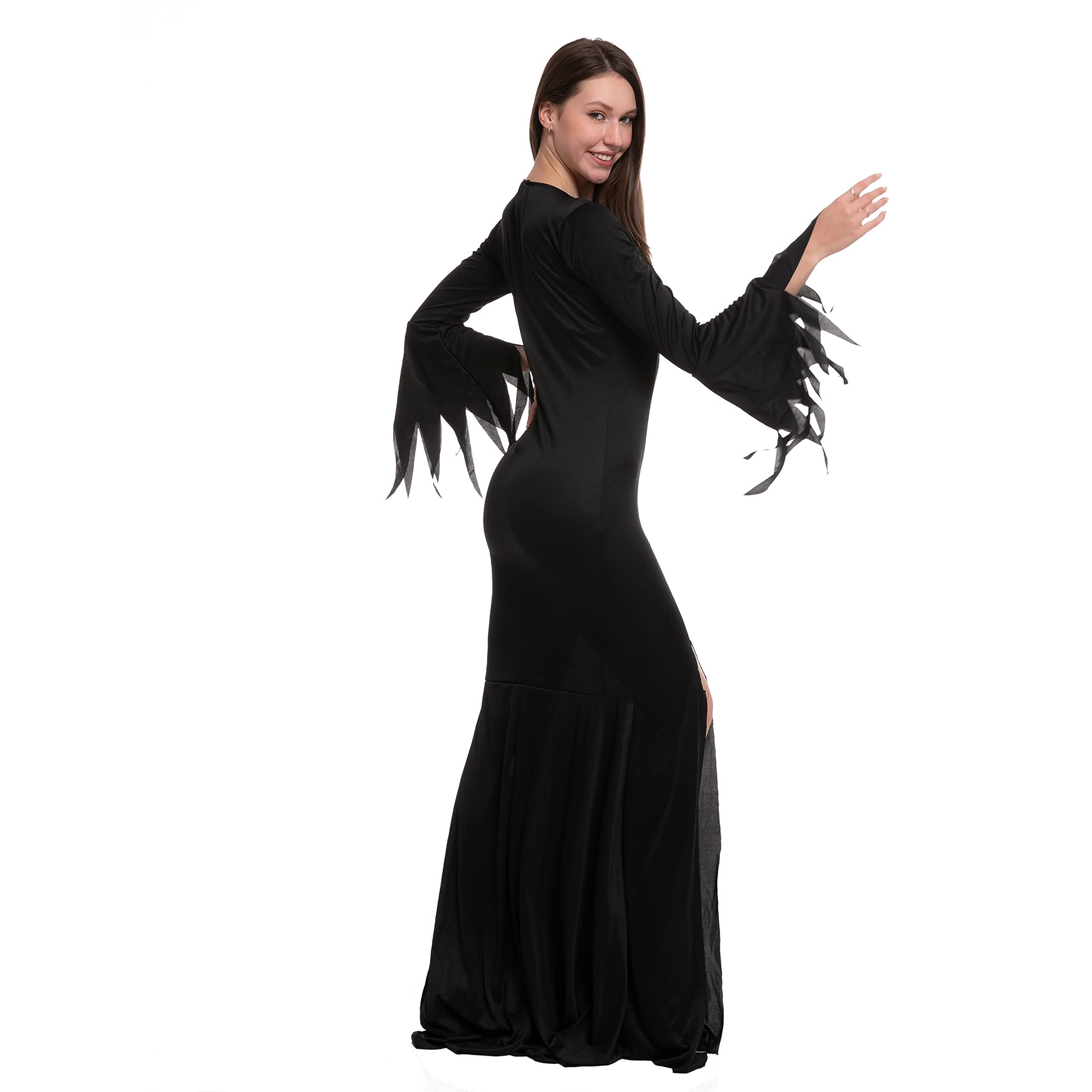 Women’s Gothic V-Neck Black Dress – Long Maxi Witch & Vampire Costume (Halloween Edition)