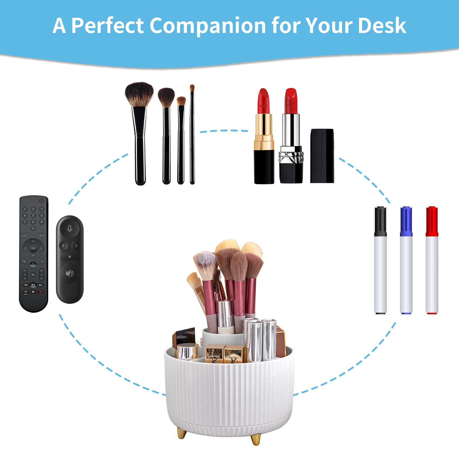 MARBRASSE 360° Rotating Desk Organizer – 5-Compartment Pen Holder & Desktop Storage Caddy for Office & Home