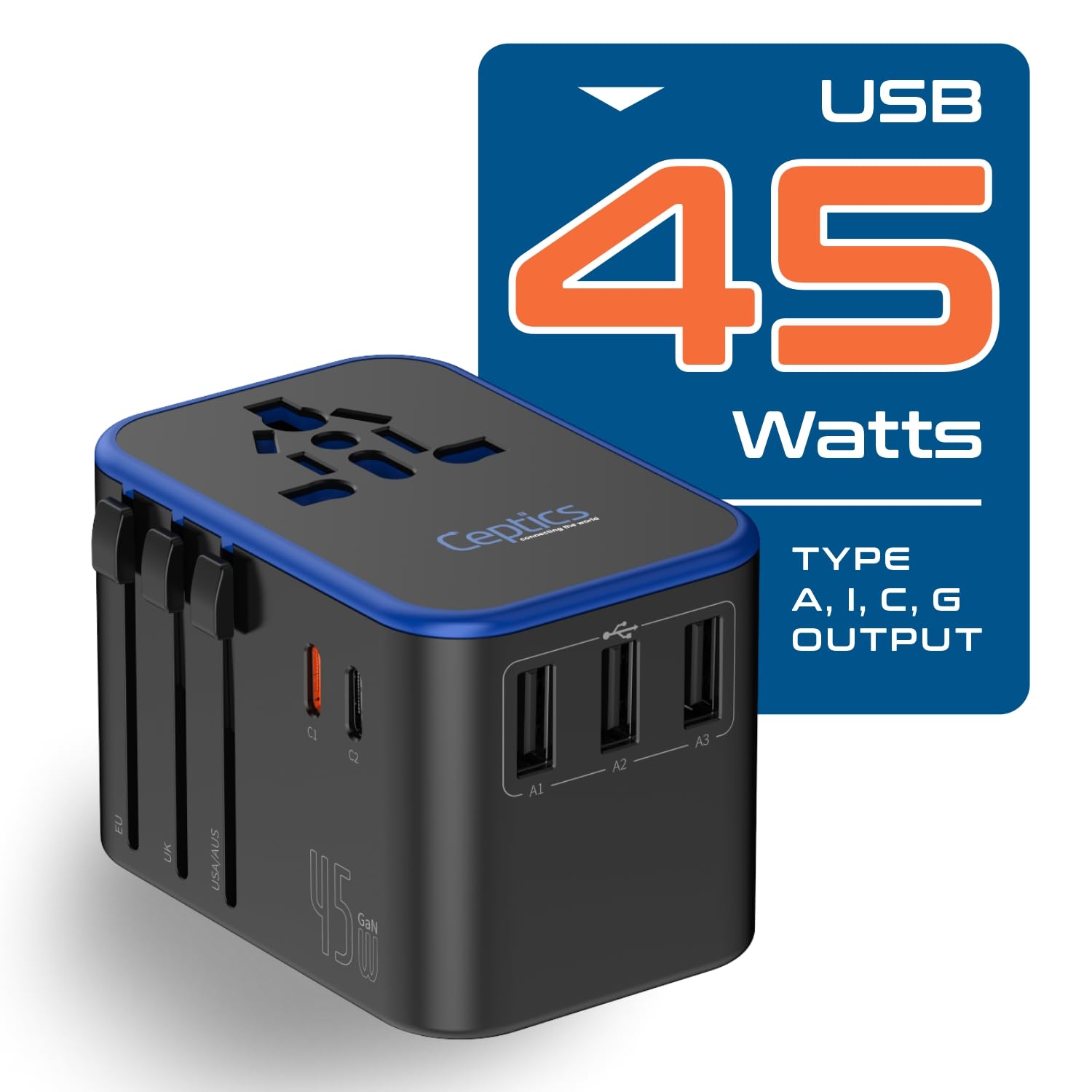 Universal Travel Power Adapter with USB-C & USB-A – Worldwide Plug Adapter for US, EU, UK, AU with 45W Fast Charging