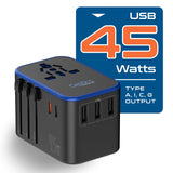 Universal Travel Power Adapter with USB-C & USB-A – Worldwide Plug Adapter for US, EU, UK, AU with 45W Fast Charging