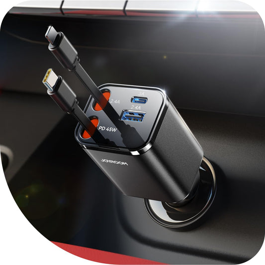 84W 4-in-1 Retractable Car Charger – Fast USB-C & USB Multi-Device Car Charging Station