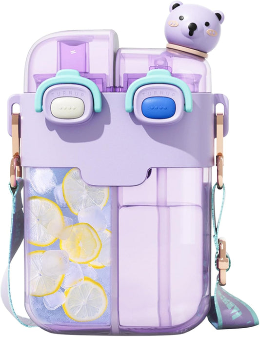 26 oz Kids Bear Water Bottle with Straw, Dual Compartments, Leakproof Lock and Adjustable Strap
