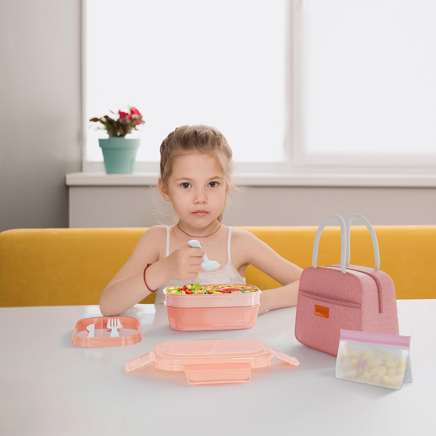 Pink 64 oz Stackable Bento Set with Insulated Lunch Bag