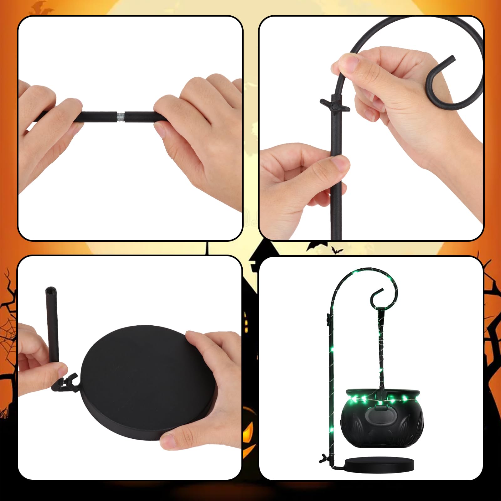 Witch Cauldron Candy Bowl with Light & Stand – 8” Black Halloween Pot Decoration