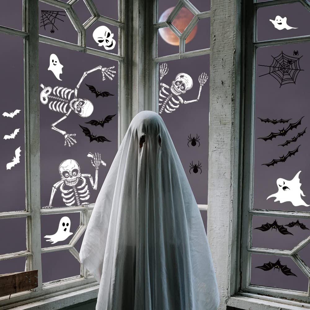 Double-Sided Halloween Window Clings – 8 Reusable PVC Sheets with Skeletons, Ghosts & Pumpkins