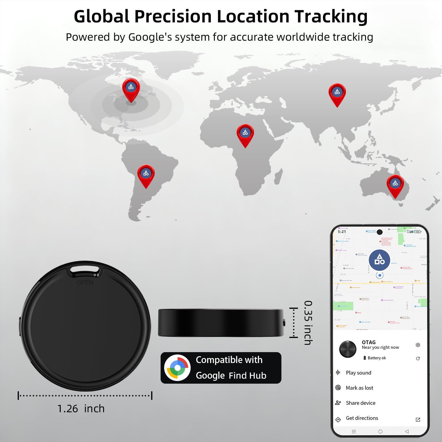 Android Bluetooth Smart Tracker Tag, Find Hub Compatible Item Locator with 100dB Alarm and Replaceable Battery