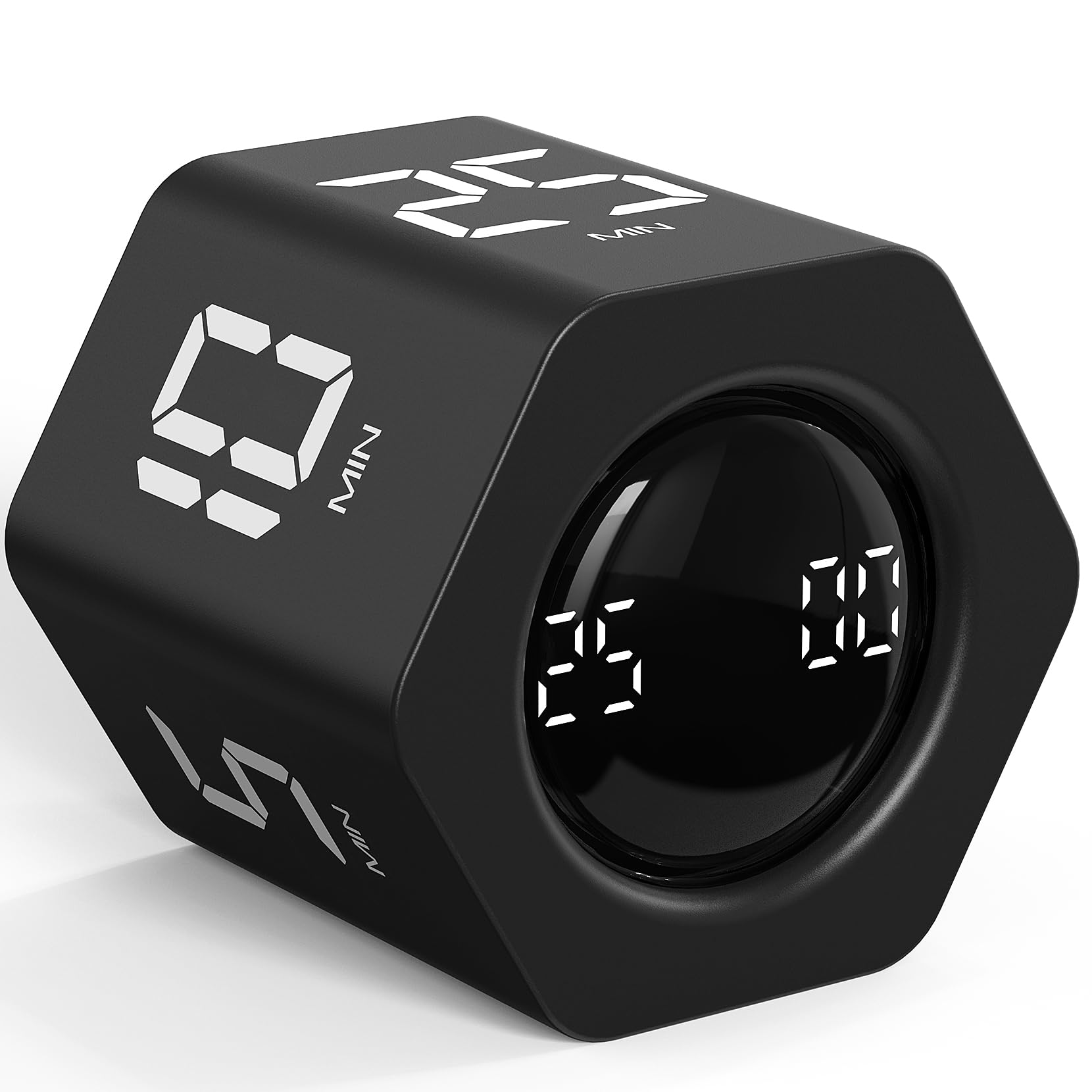 Rotating Pomodoro Timer Hexagon with Flip Control, Preset 5/10/25/30/60 Min & Stopwatch, Silent Vibration Desk Timer for Work, Study & Kitchen – Black