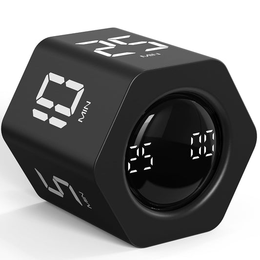Rotating Pomodoro Timer Hexagon with Flip Control, Preset 5/10/25/30/60 Min & Stopwatch, Silent Vibration Desk Timer for Work, Study & Kitchen – Black
