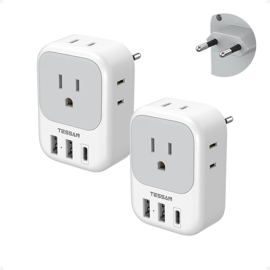 European Travel Plug Adapter with USB-C – 7 in 1 EU Power Adapter with 4 Outlets and USB Ports