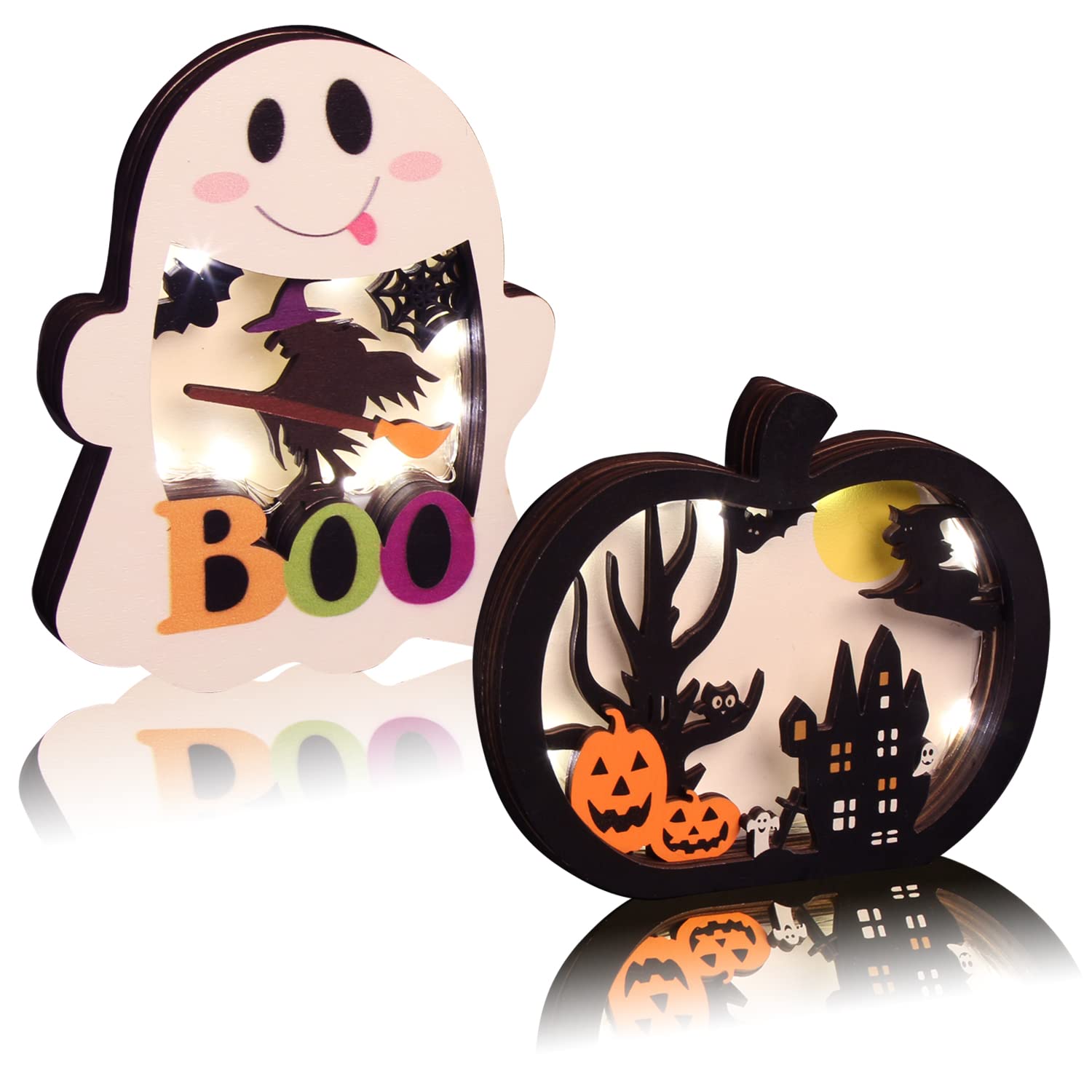 BOO Halloween Light-Up Wooden Signs – 2-Pack Multicolor Tabletop Décor with Pumpkins, Ghosts & LED Lights