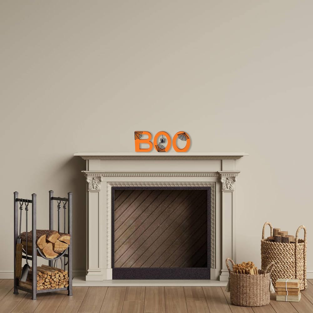 BOO Halloween Wooden Sign – Double-Sided Tabletop Decor with Metal Spiderwebs & Pumpkin Orange Letters
