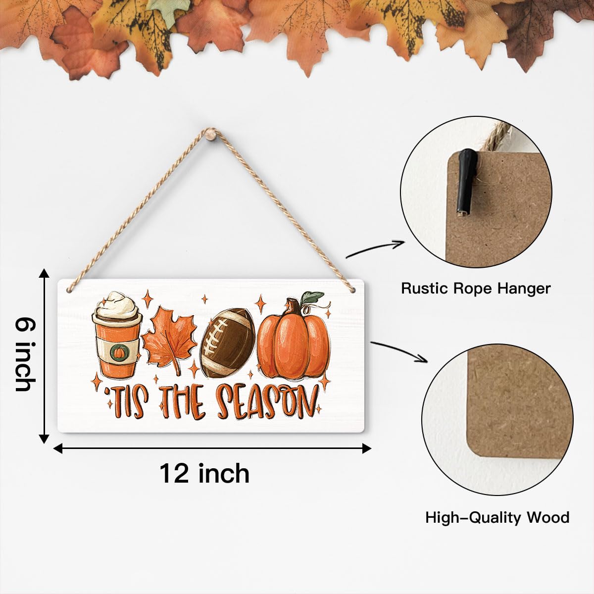 Fall Hanging Wooden Sign – Rustic Maple Leaf, Pumpkin & Football Wall Decor for Home & Porch