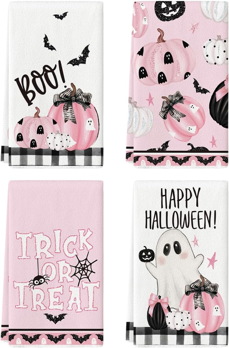 Pink Halloween Dish Towels – 4Pc Soft & Absorbent Cotton Tea Towels with Cute Seasonal Print (18x26 in, Artoid Mode)