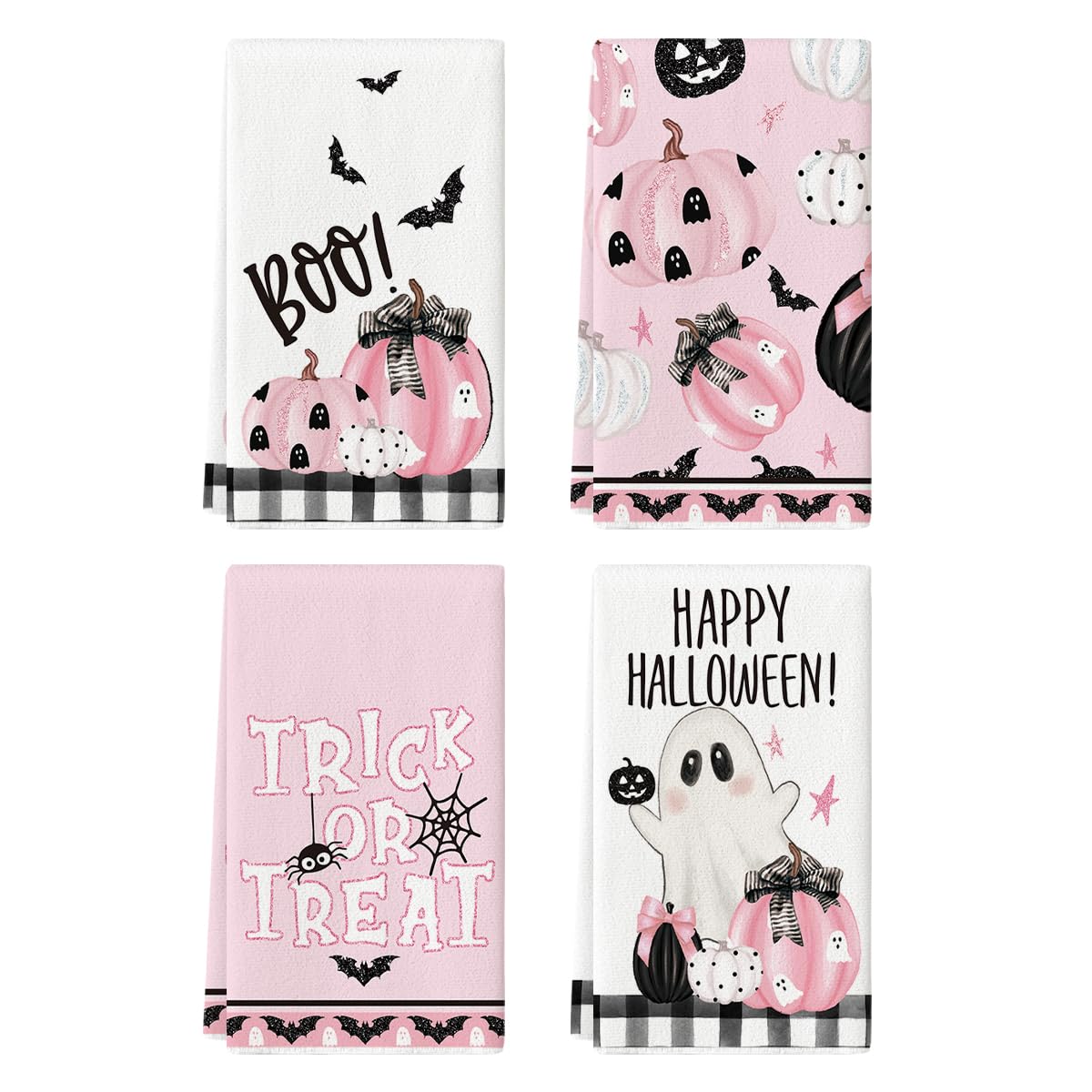 Pink Halloween Dish Towels – 4Pc Soft & Absorbent Cotton Tea Towels with Cute Seasonal Print (18x26 in, Artoid Mode)