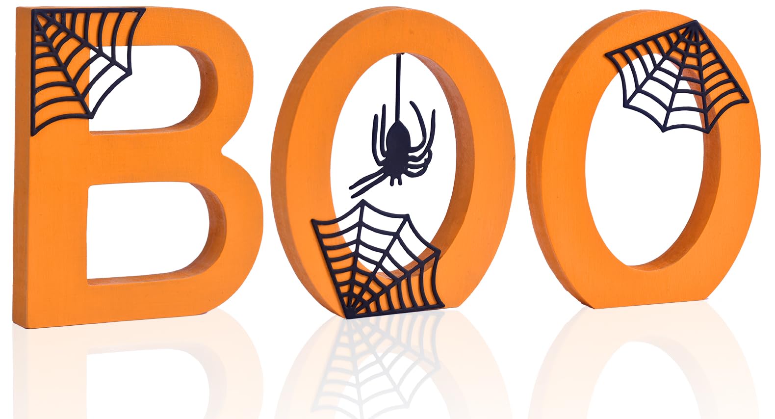 BOO Halloween Wooden Sign – Double-Sided Tabletop Decor with Metal Spiderwebs & Pumpkin Orange Letters