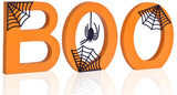 BOO Halloween Wooden Sign – Double-Sided Tabletop Decor with Metal Spiderwebs & Pumpkin Orange Letters