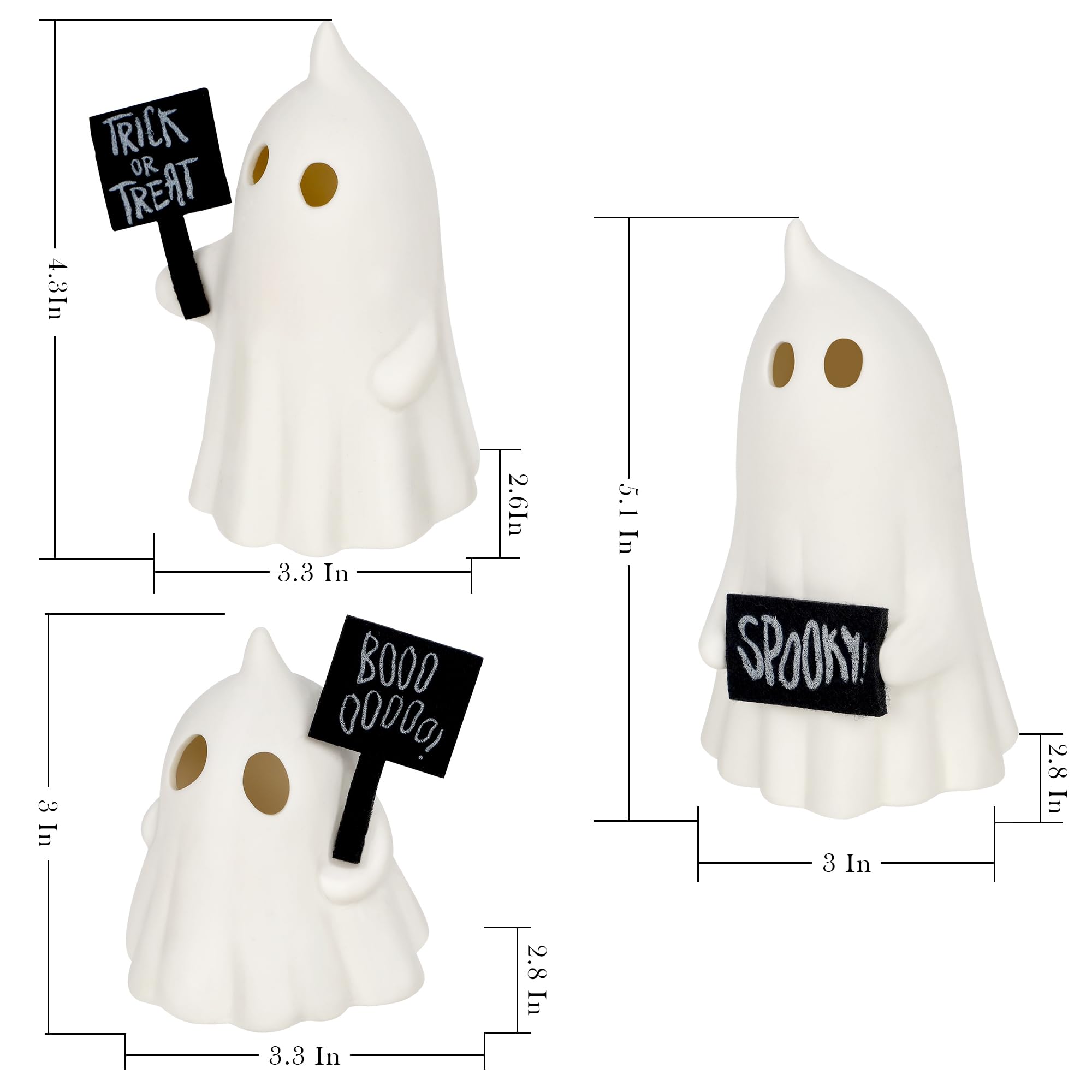 Ceramic Lighted Halloween Ghost Figurines – Set of 3 Cute White LED Ghosts with Signs “Boo”, “Spooky”, “Trick or Treat”