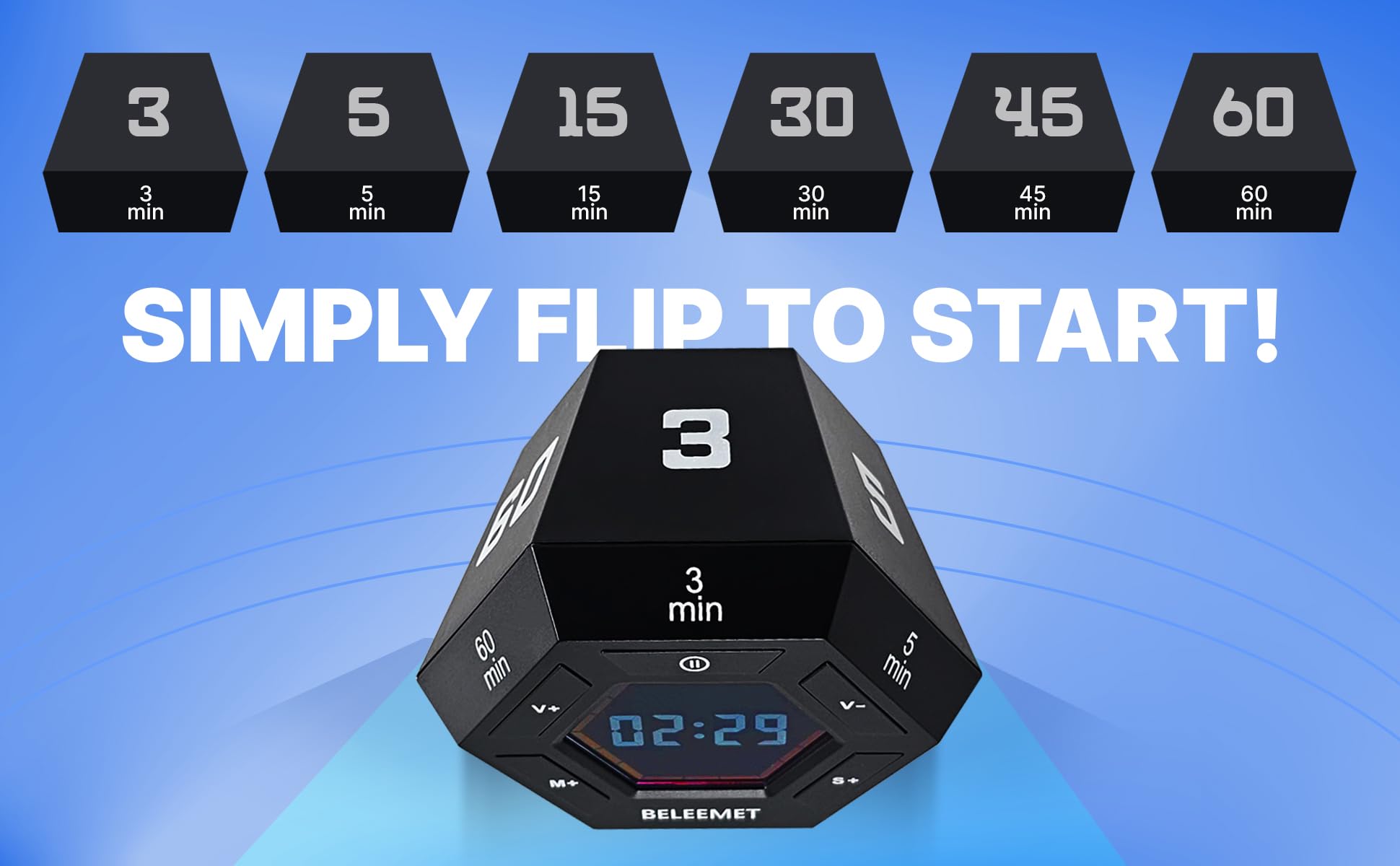 BELEEMET Magnetic Hexagon Pomodoro Timer with Gravity Flip, Custom Intervals & Adjustable Sound – Black