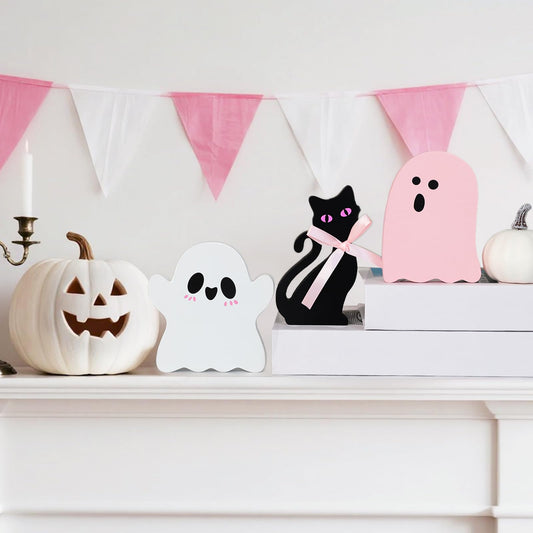 Pink Halloween Wooden Decor Set – 3-Piece Ghost & Cat Wooden Signs for Cute Tiered Tray or Tabletop Display