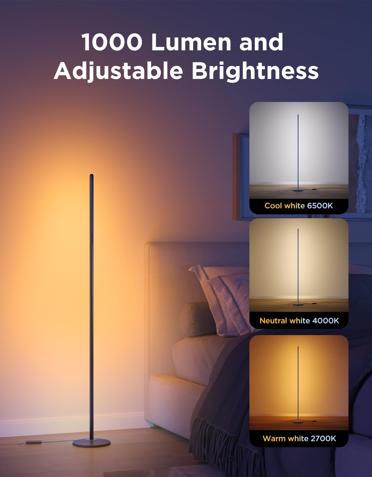Govee RGBIC Smart Floor Lamp with 16 Million Colors, 85 Scenes & Alexa Voice Control – Black (1000lm)
